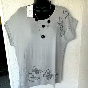 Ladies designer sparkling holiday blouse size Lg-Xl heather w butterflies